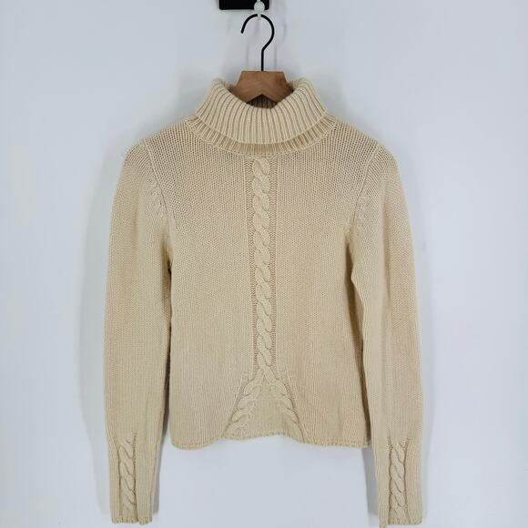 Cream Cable Knit Turtleneck Sweater Classic Chunky 100% Cashmere Knit Size Small - Picture 1 of 7